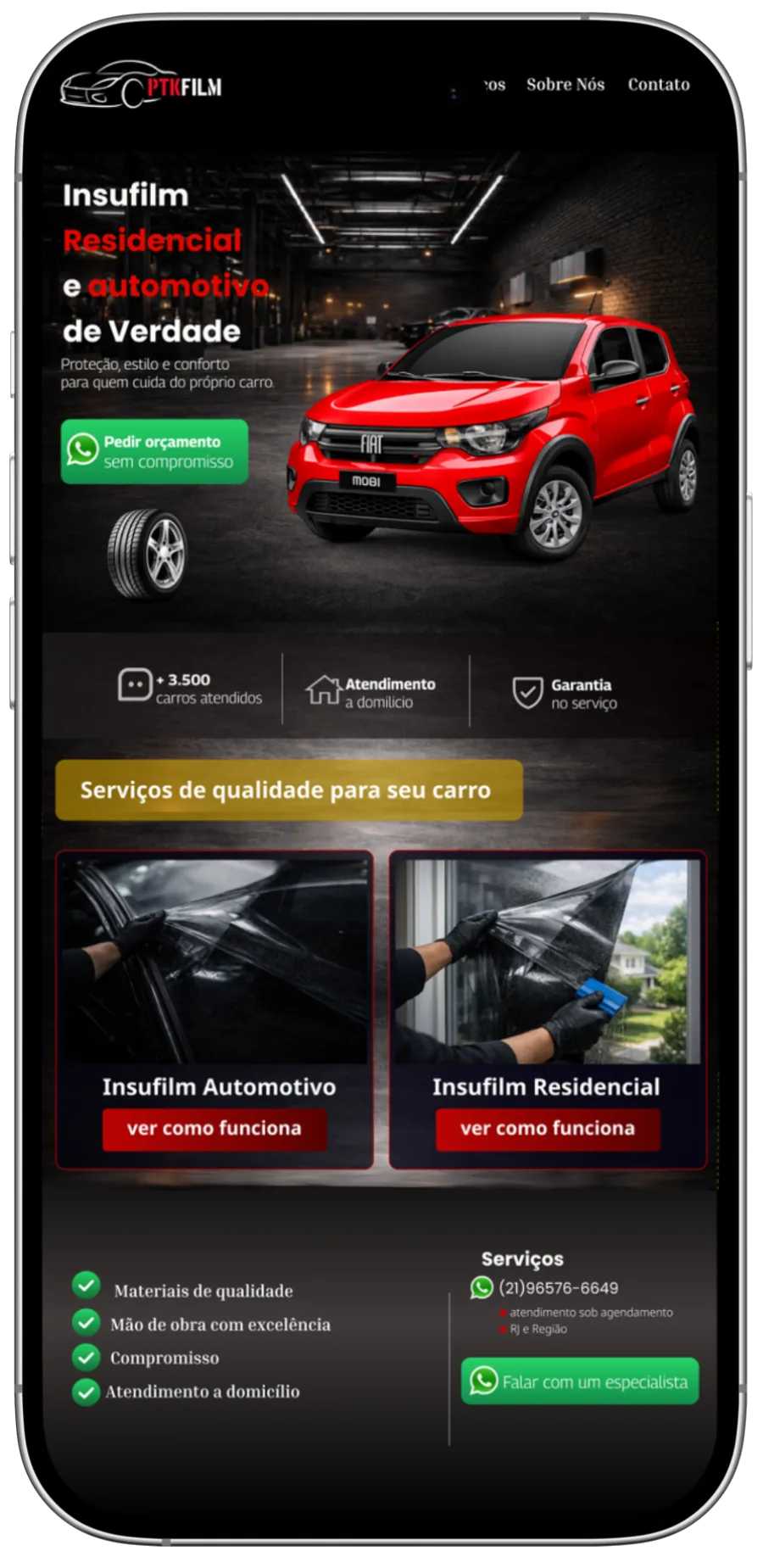 Portfólio da PTK Film exibido em um smartphone